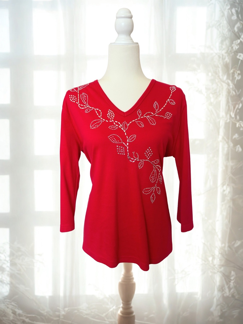 Distinct Red Rhinestone Embellished V-Neck Top - Size Medium